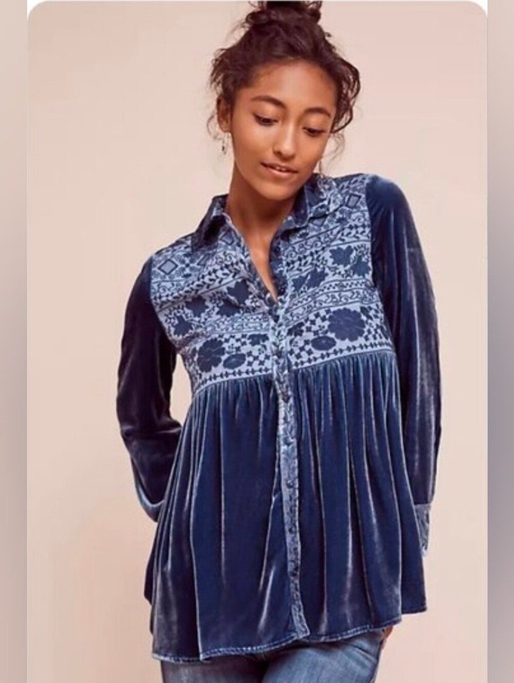 Soft Surroundings Plus Size Crushed Velvet Floral Embroidered Tunic 1X